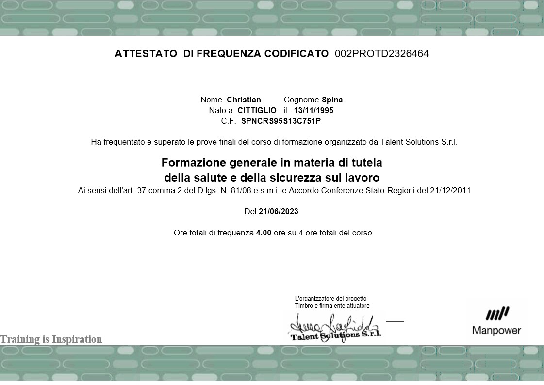 Formazione generale in materia di tutela della salute e sicurezza sul lavoro
